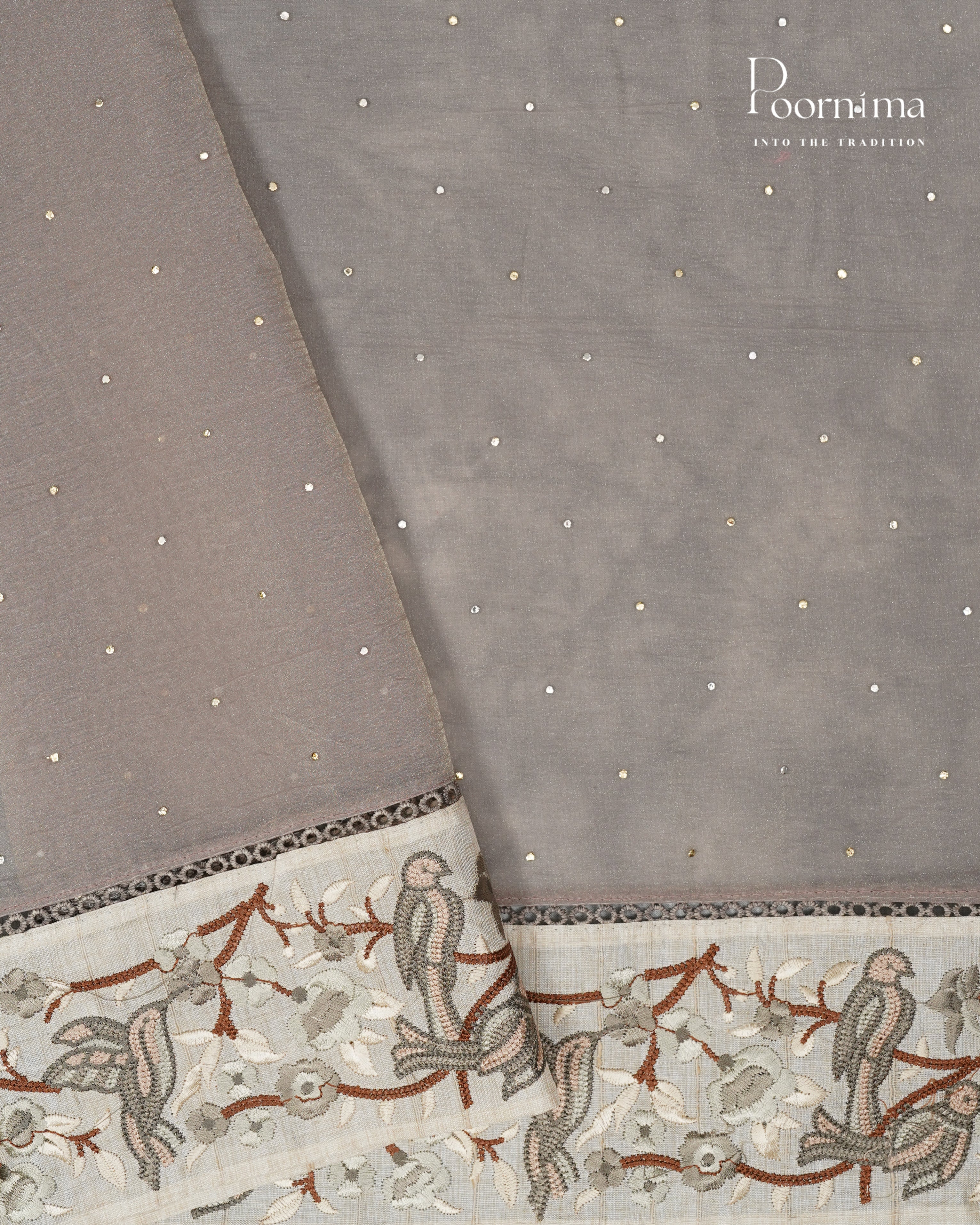 Dark Cream - CRUSHED ORGANZA SAREE WITH TUSSAR EMBROIDERY BORDER
