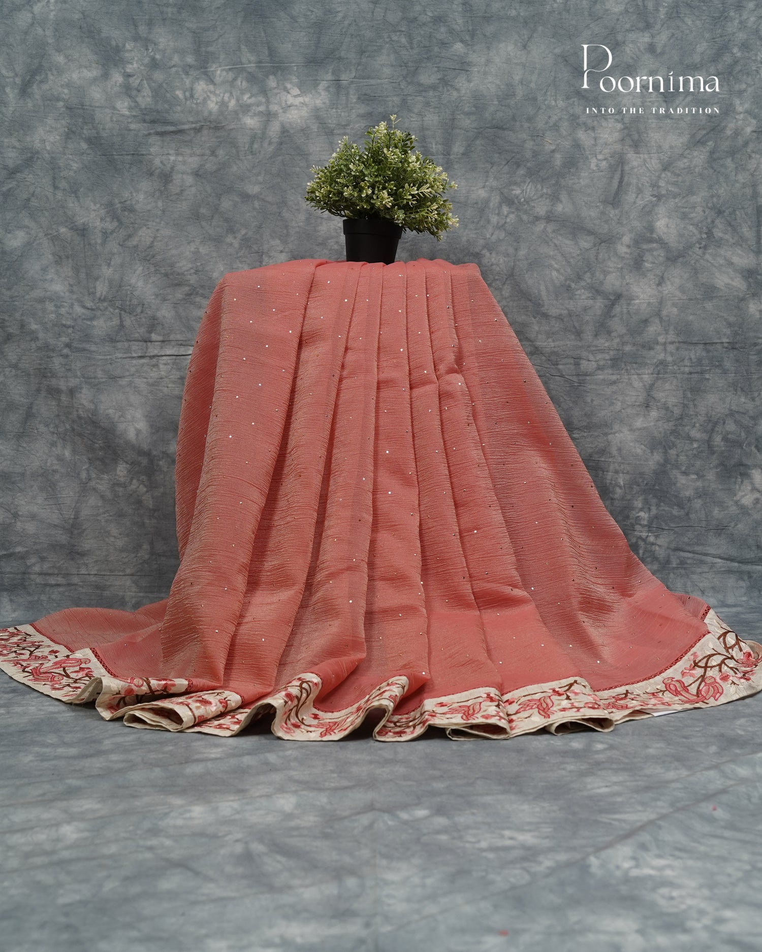PEACH - CRUSHED ORGANZA SAREE WITH PURE TUSSAR EMBRIODERY BORDER