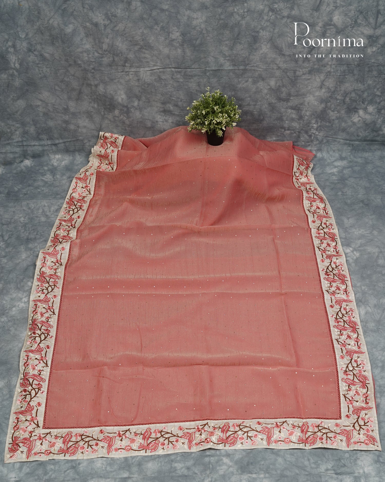 PEACH - CRUSHED ORGANZA SAREE WITH PURE TUSSAR EMBRIODERY BORDER