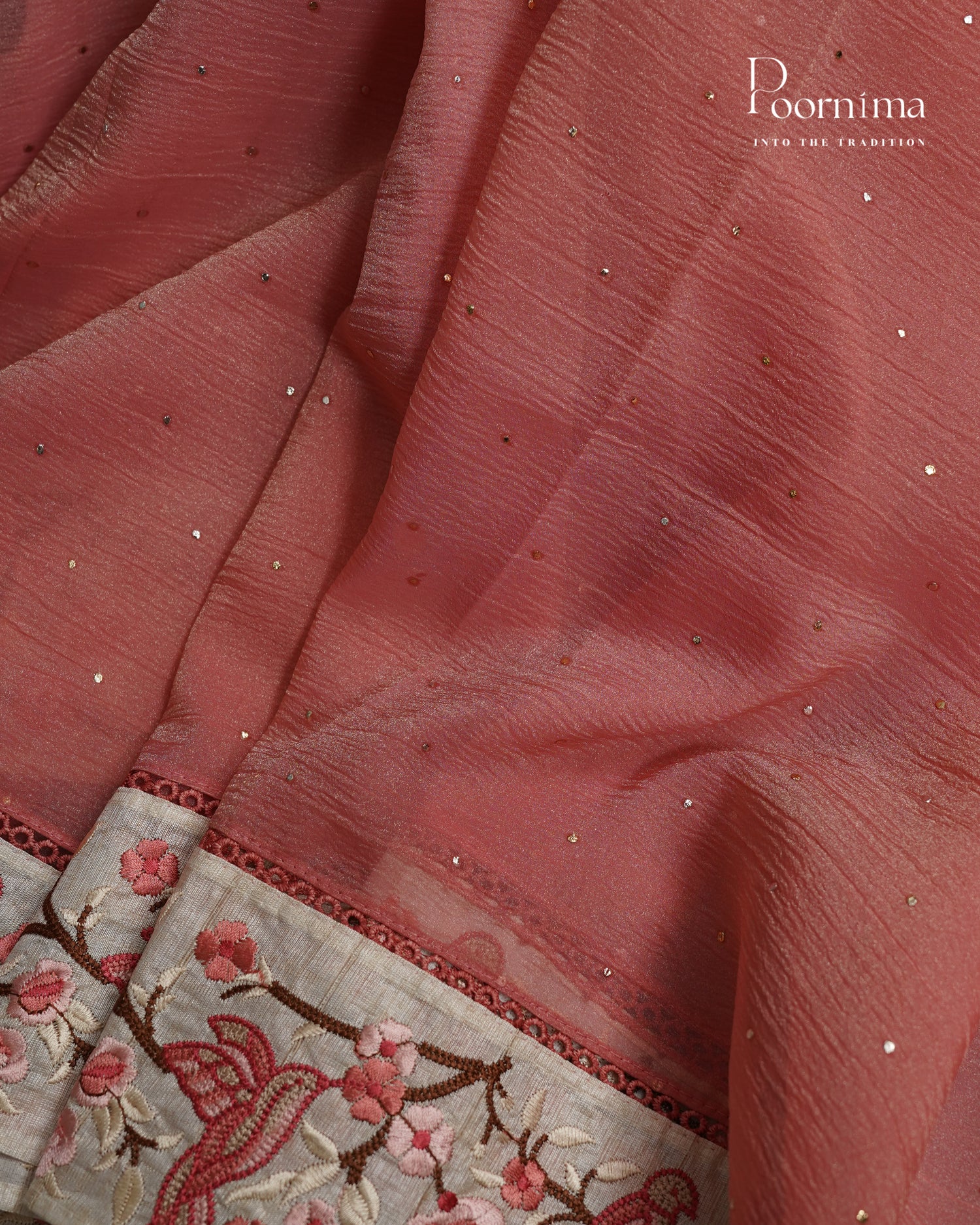 PEACH - CRUSHED ORGANZA SAREE WITH PURE TUSSAR EMBRIODERY BORDER