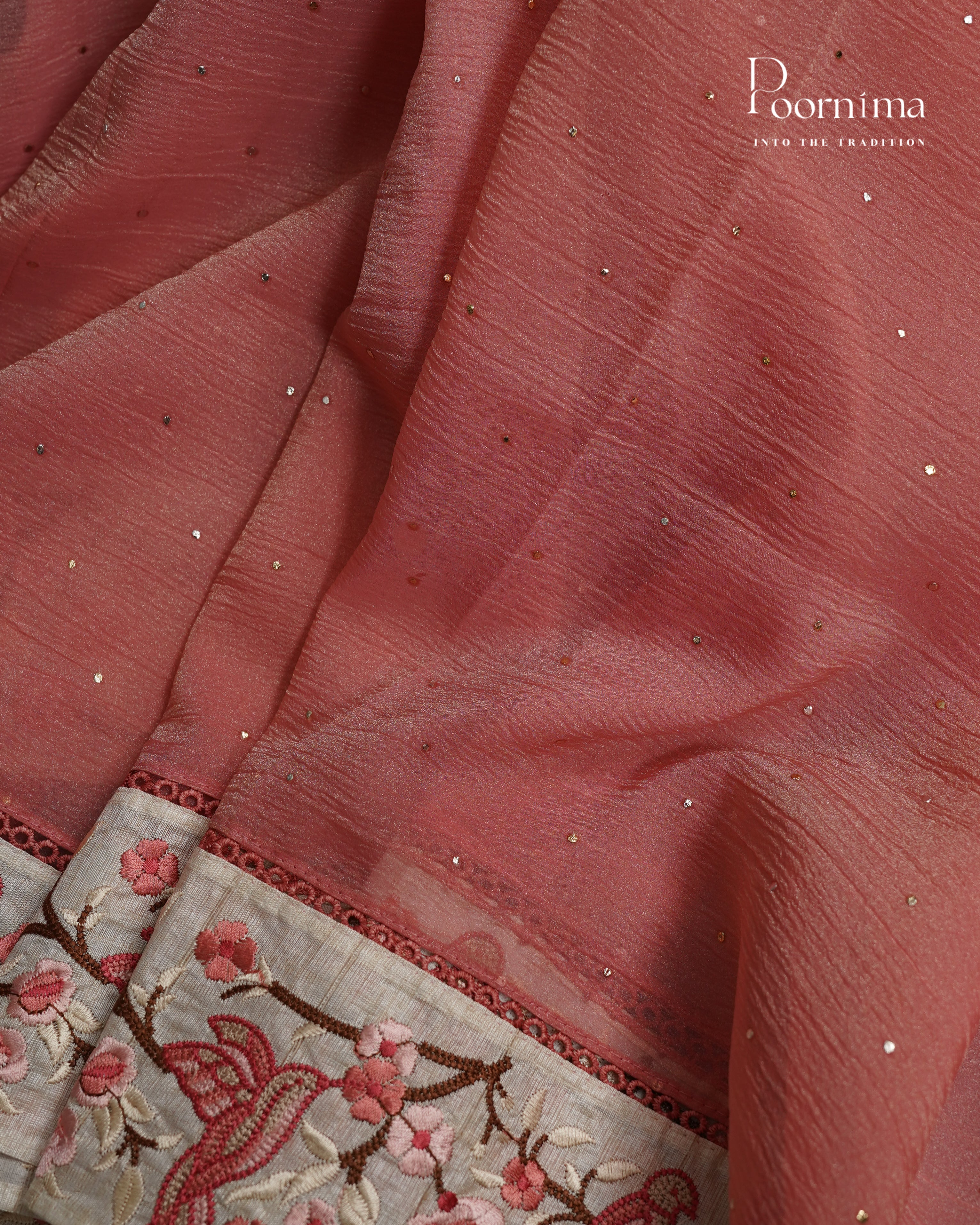 PEACH - CRUSHED ORGANZA SAREE WITH PURE TUSSAR EMBRIODERY BORDER