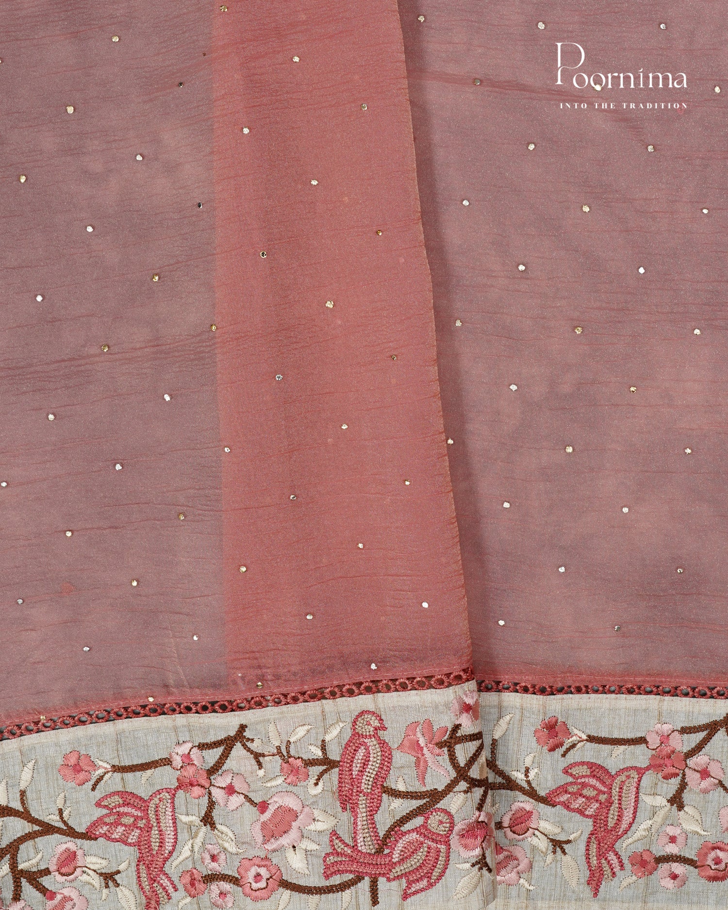 PEACH - CRUSHED ORGANZA SAREE WITH PURE TUSSAR EMBRIODERY BORDER