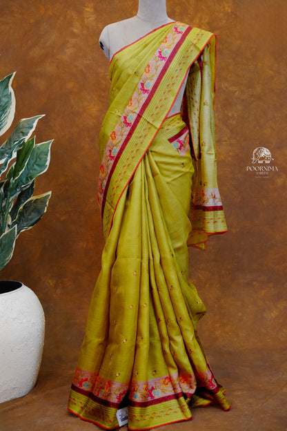 HANDLOOM TUSSAR SAREE - WARM OLIVE