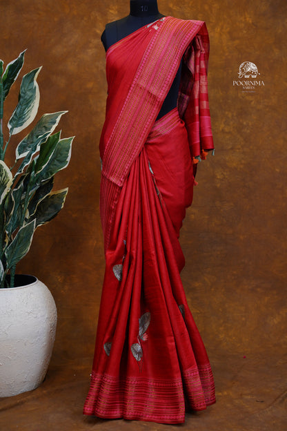 HANDLOOM TUSSAR SAREE - RED