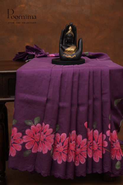 MANGALAGIRI HAND PRINTED SAREE- BRINJAL