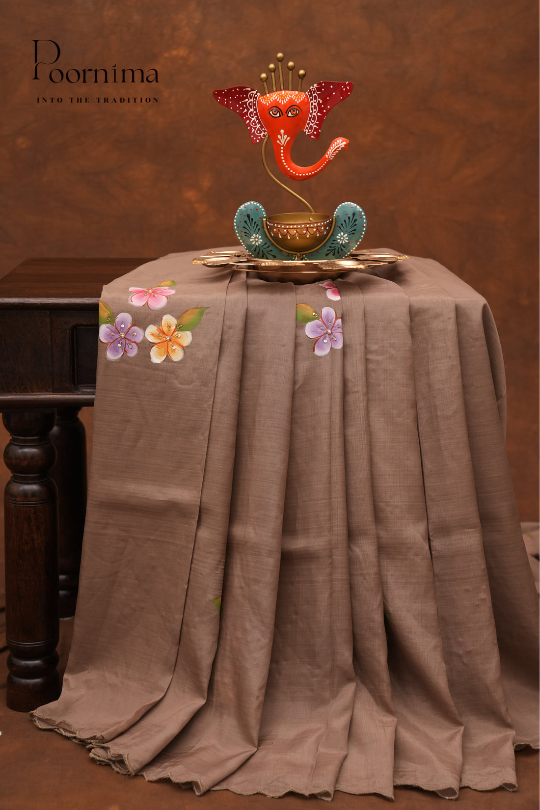 MANGALAGIRI HAND PRINTED SAREE-LIGHT BROWN