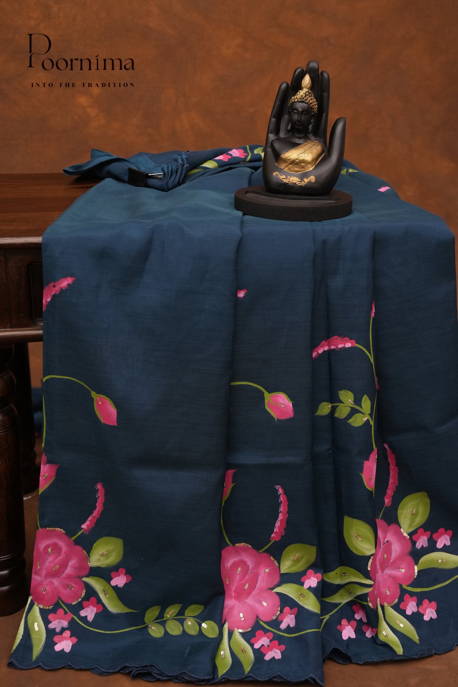 MANGALAGIRI HAND PRINTED SAREE-PEACOCK BLUE