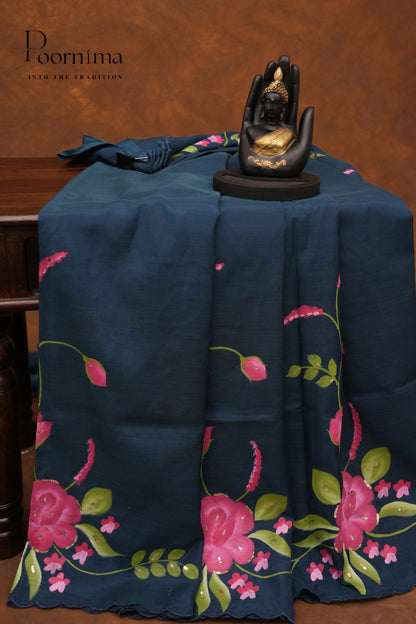 MANGALAGIRI HAND PRINTED SAREE-PEACOCK BLUE