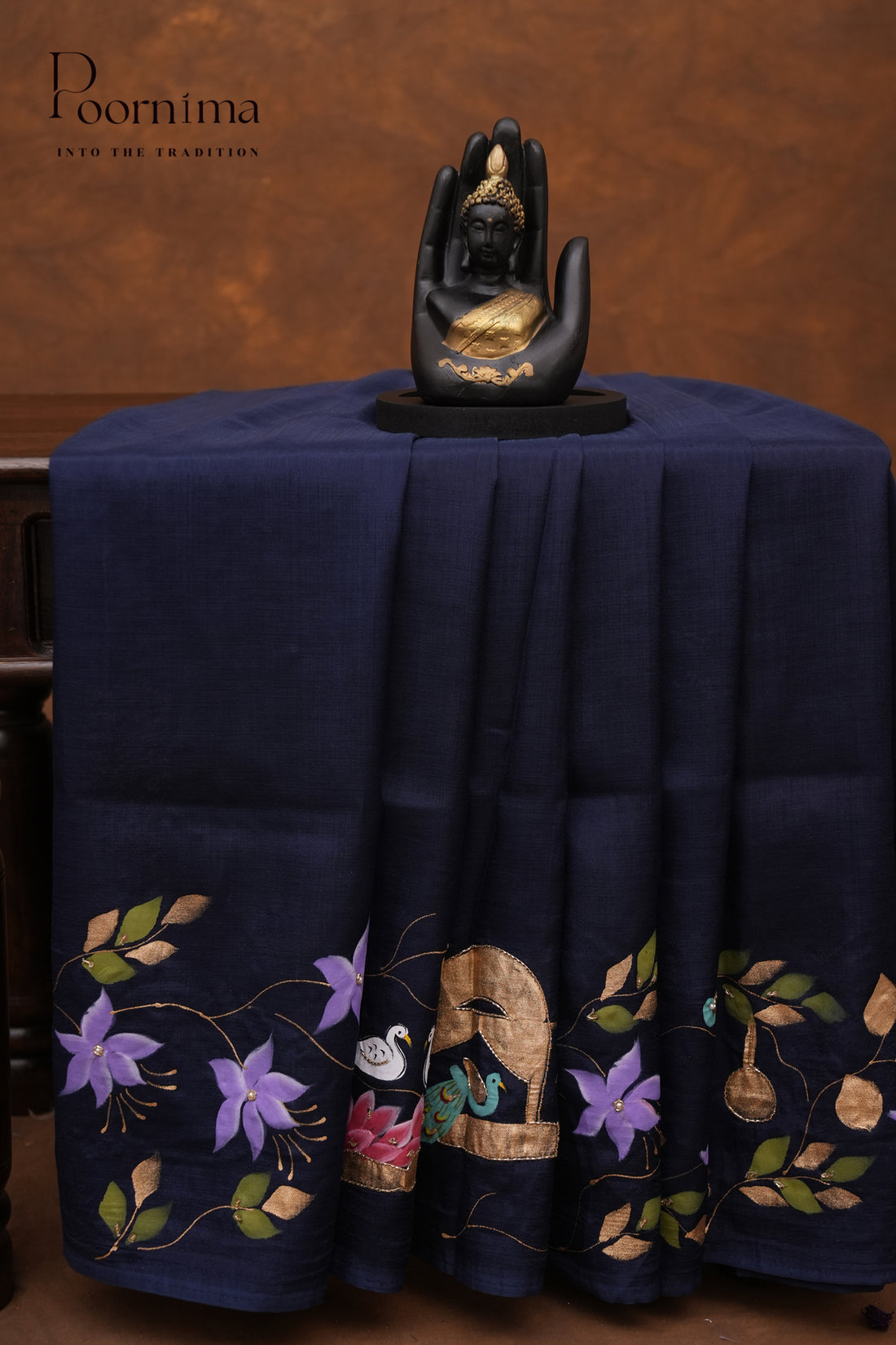 MANGALAGIRI HAND PRINTED SAREE-NAVY BLUE