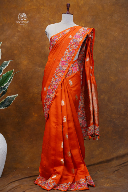 BANARASI PATTU WITH PETIT POINT WORK SAREE - ORANGE