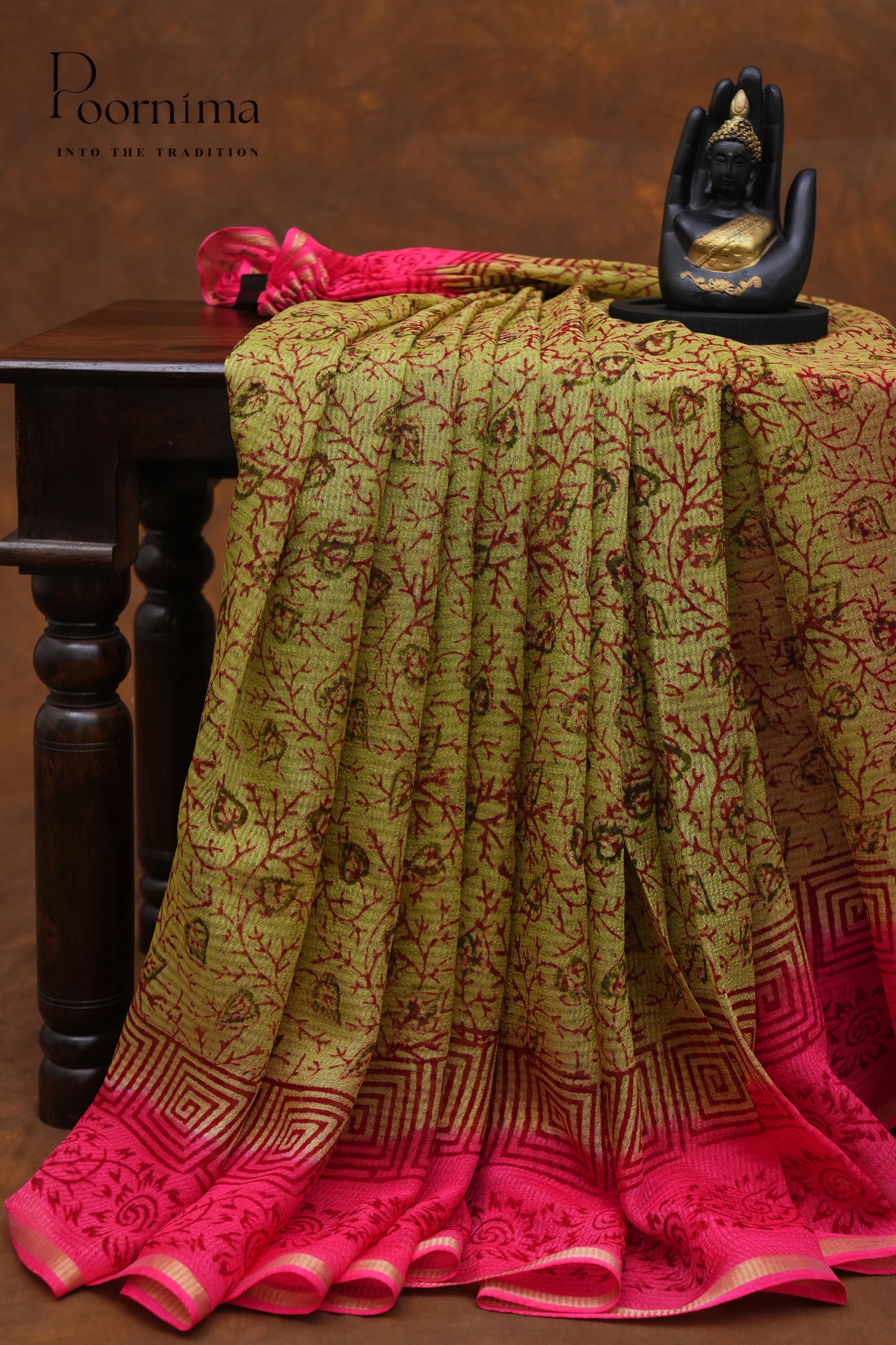 CHECKS GEORGETTE BLOCK PRINT SAREE-PIST GREEN