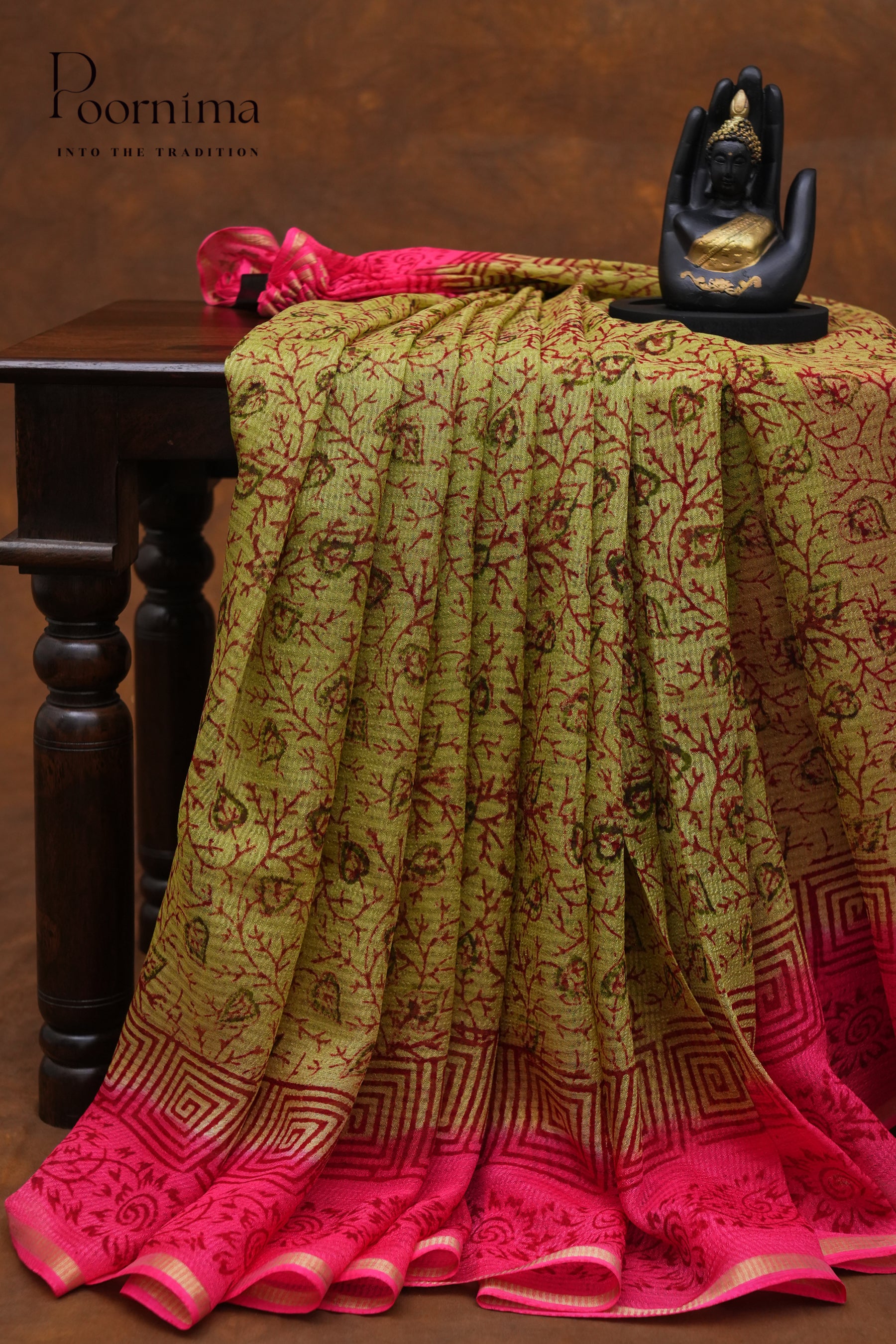 CHECKS GEORGETTE BLOCK PRINT SAREE-PIST GREEN