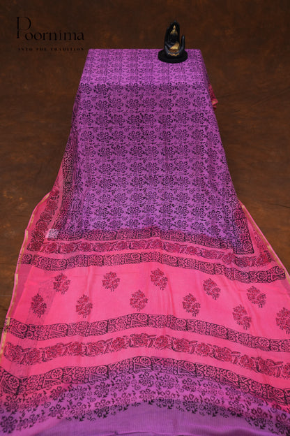 CHECKS GEORGETTE BLOCK PRINT SAREE- PURPLE