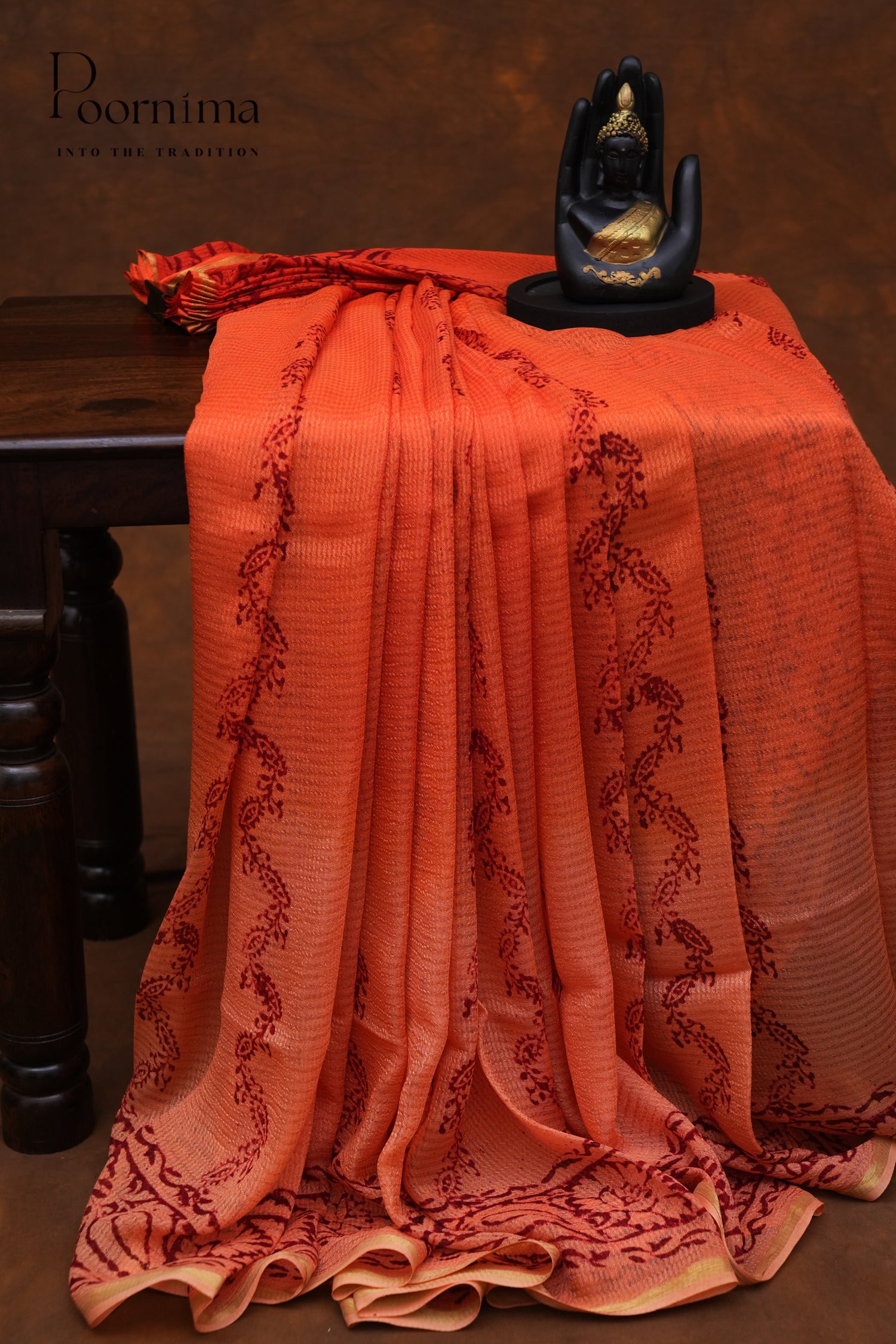 CHECKS GEORGETTE BLOCK PRINT SAREE-PEACH ORANGE