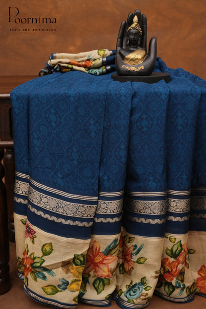 SEMI MYSORE SILK PRINTED SAREE- AZURE BLUE