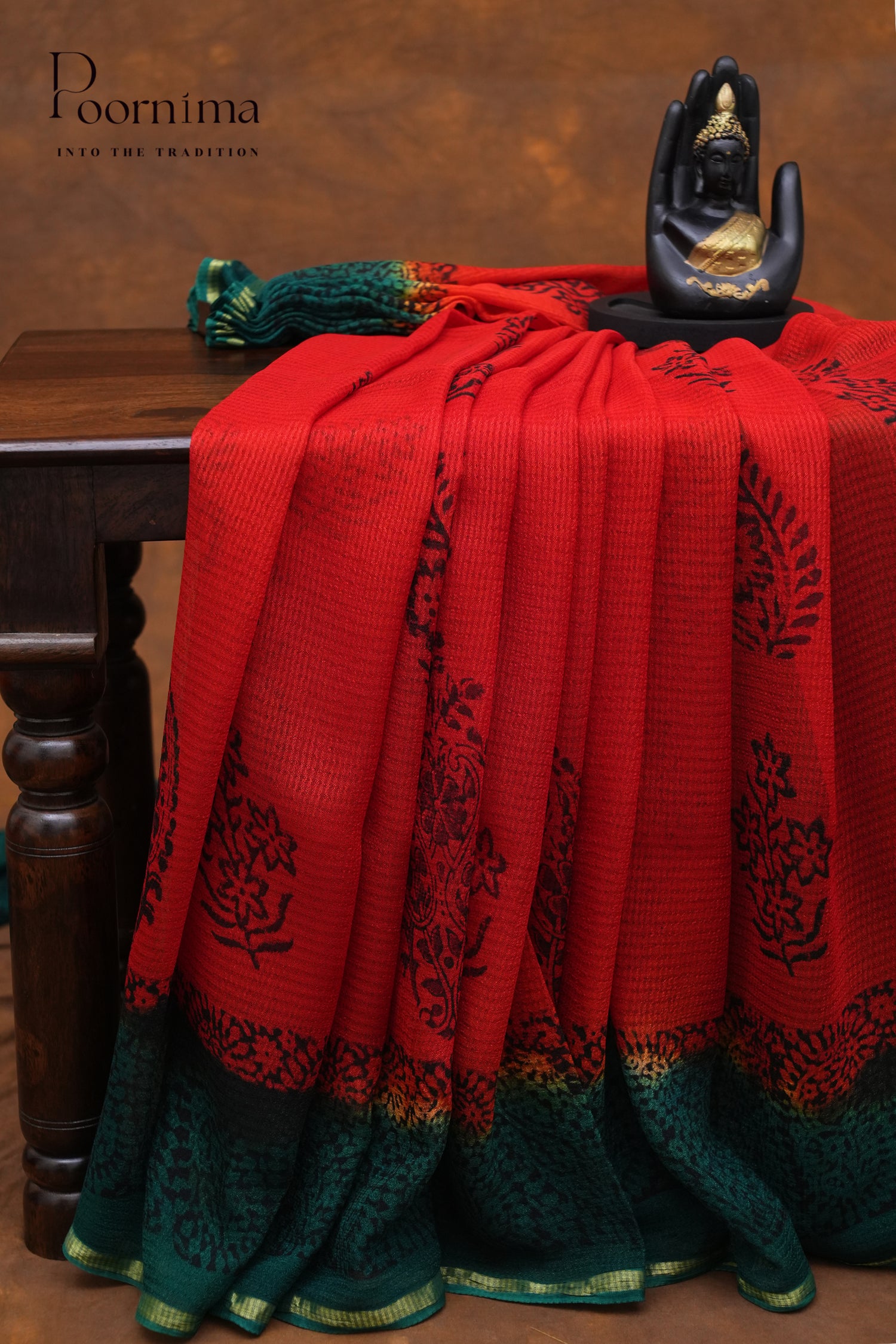 CHECKS GEORGETTE BLOCK PRINT SAREE- TOMATO RED