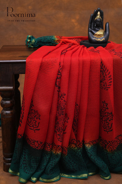 CHECKS GEORGETTE BLOCK PRINT SAREE- TOMATO RED