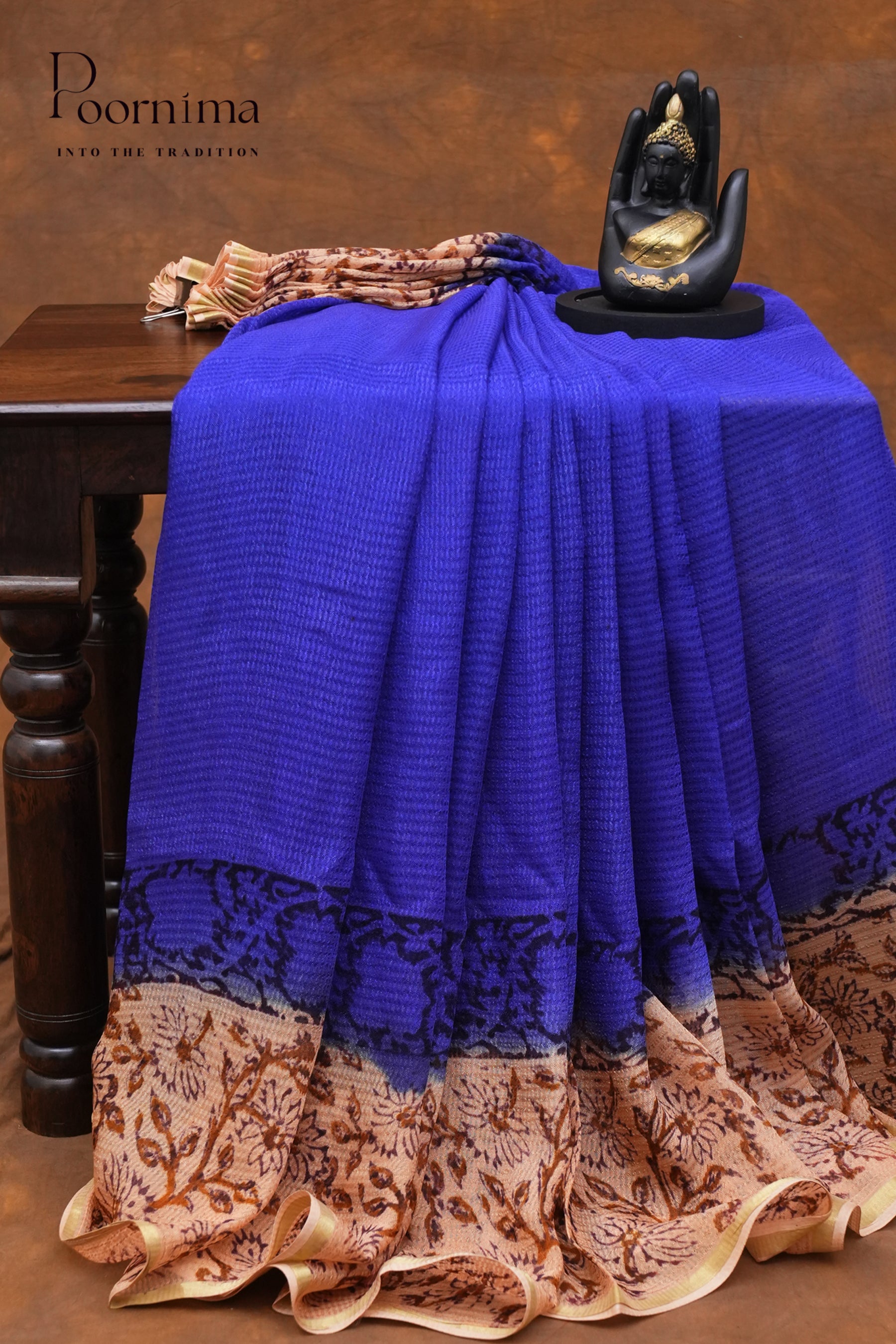 CHECKS GEORGETTE BLOCK PRINT SAREE-ROYAL BLUE