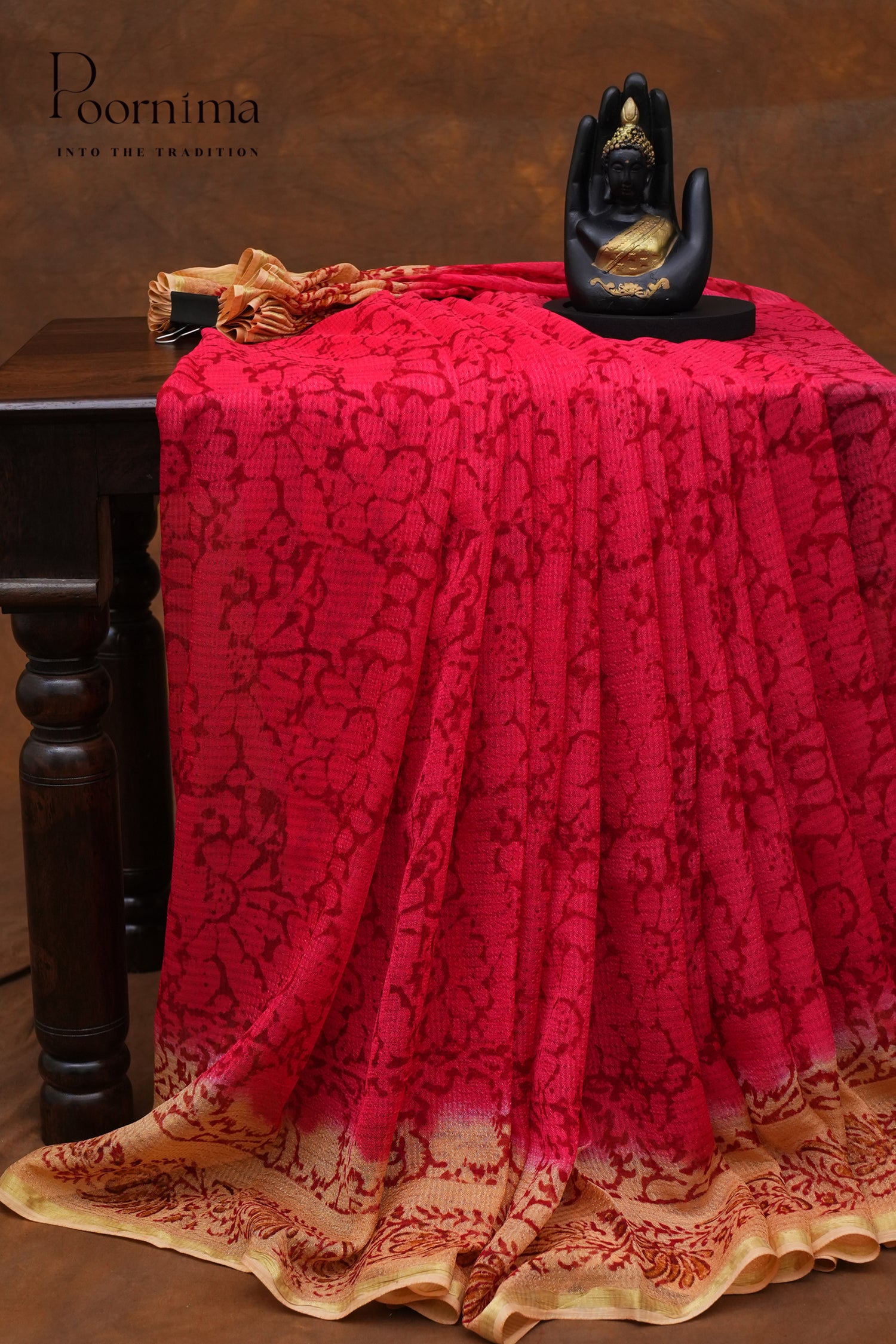 CHECKS GEORGETTE BLOCK PRINT SAREE- PINK