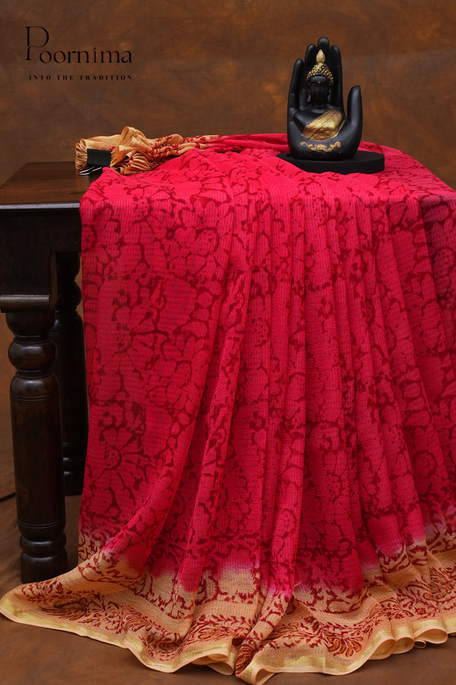 CHECKS GEORGETTE BLOCK PRINT SAREE- PINK