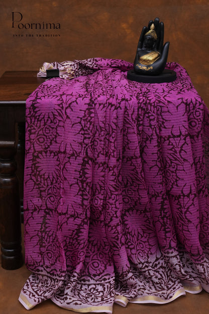 CHECKS GEORGETTE BLOCK PRINT SAREE-PURPLE