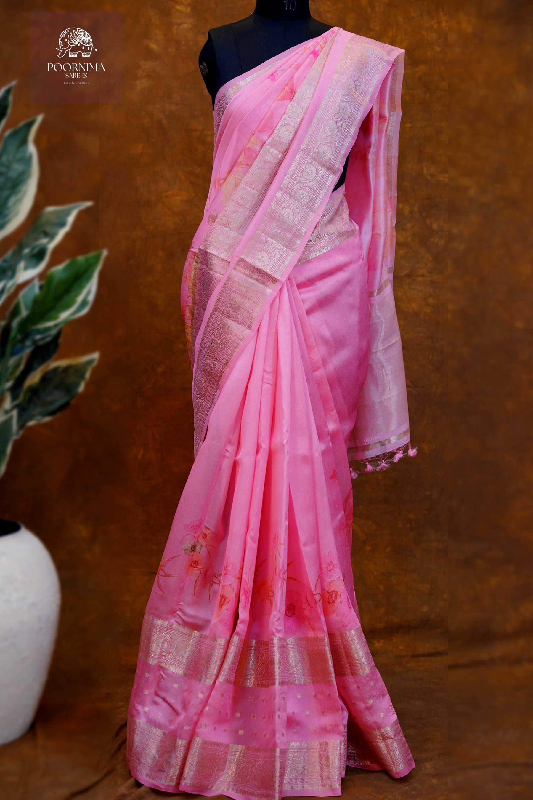 BANARASI SILK FUSION SAREE WITH DIGITAL PRINT-PINK