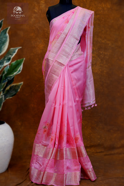 BANARASI SILK FUSION SAREE WITH DIGITAL PRINT-PINK