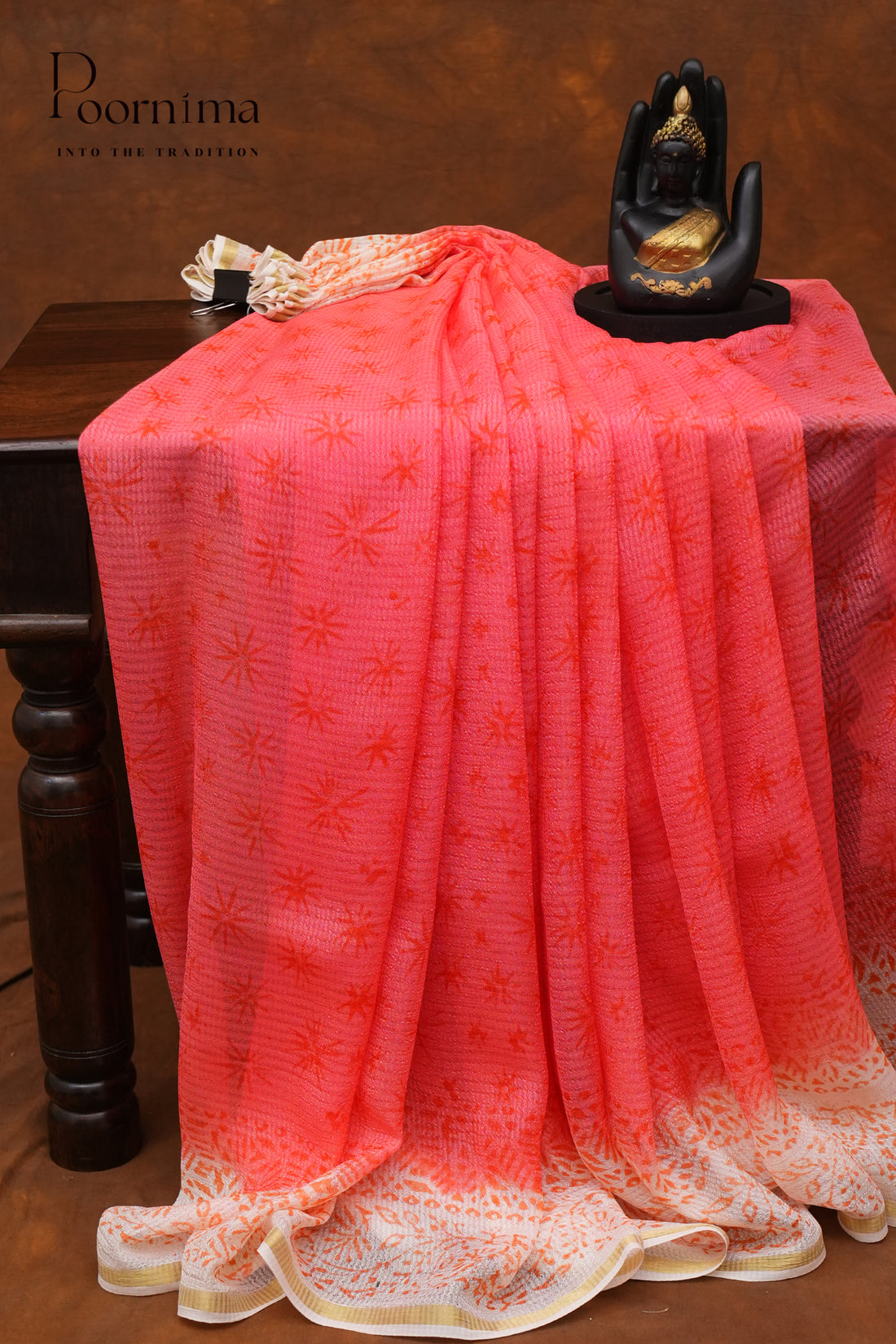 CHECKS GEORGETTE BLOCK PRINT SAREE-PEACH