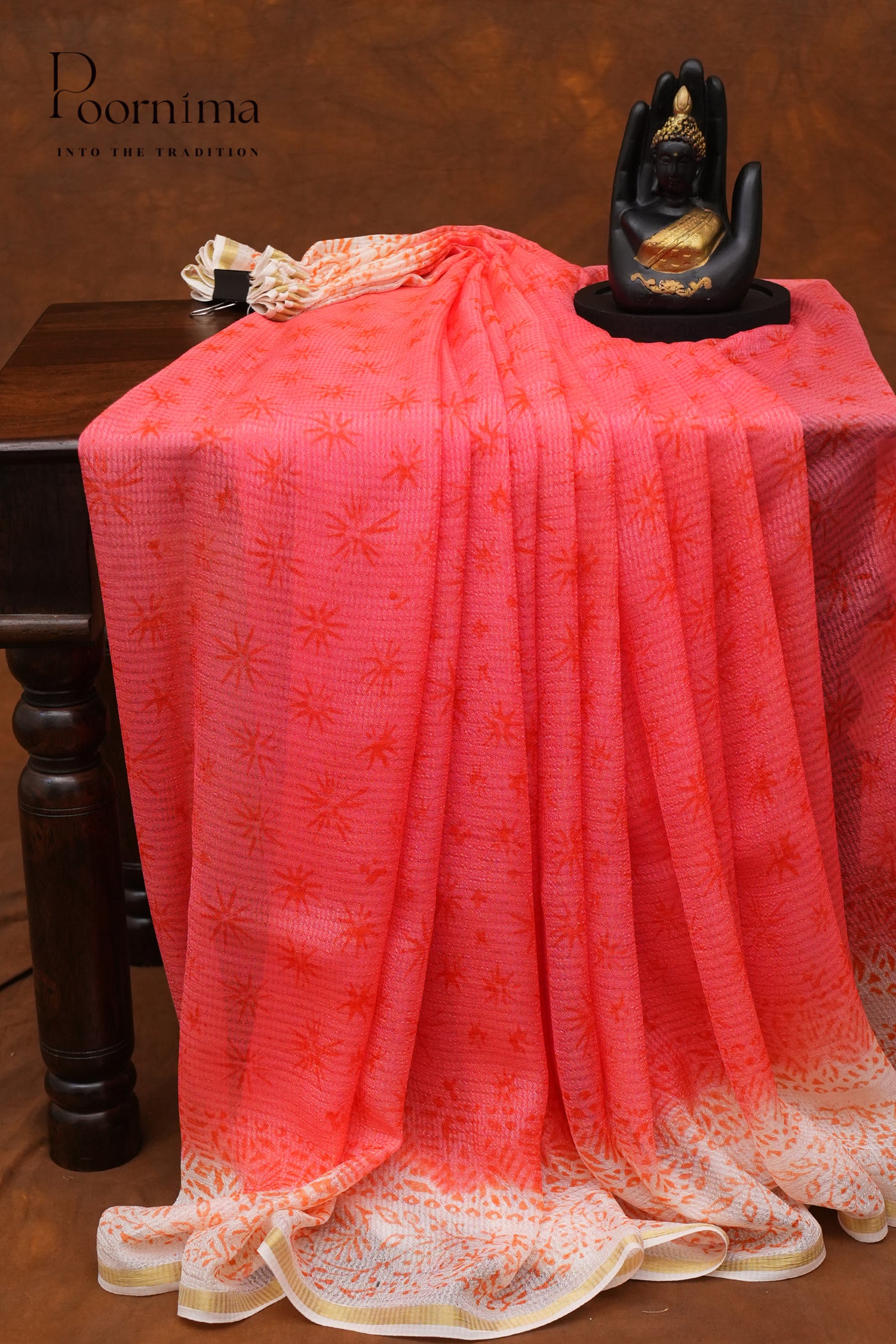 CHECKS GEORGETTE BLOCK PRINT SAREE-PEACH