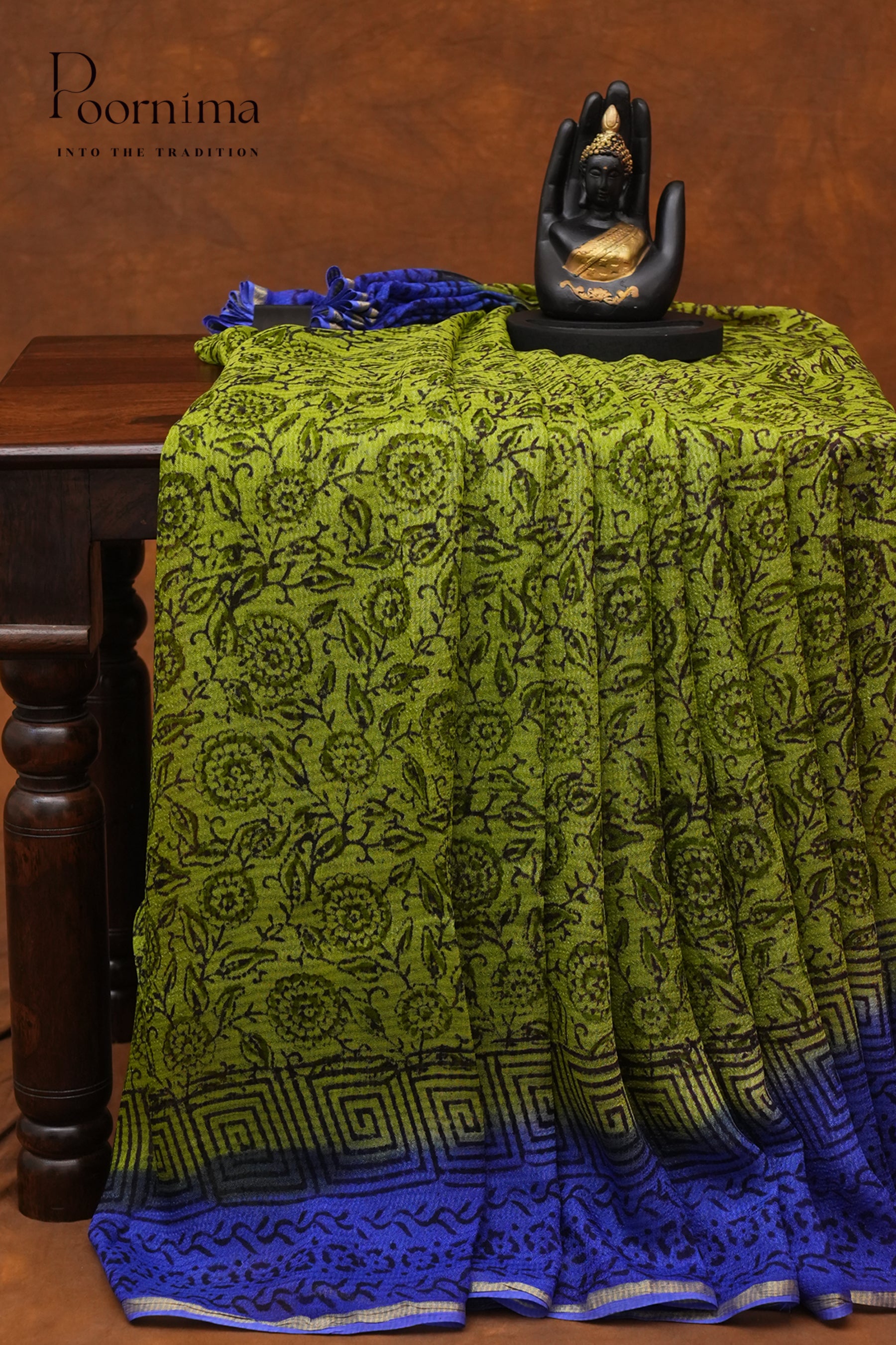 CHECKS GEORGETTEBLOCK PRINT SAREE-PARROT GREEN