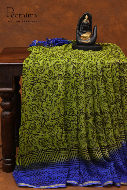 CHECKS GEORGETTEBLOCK PRINT SAREE-PARROT GREEN