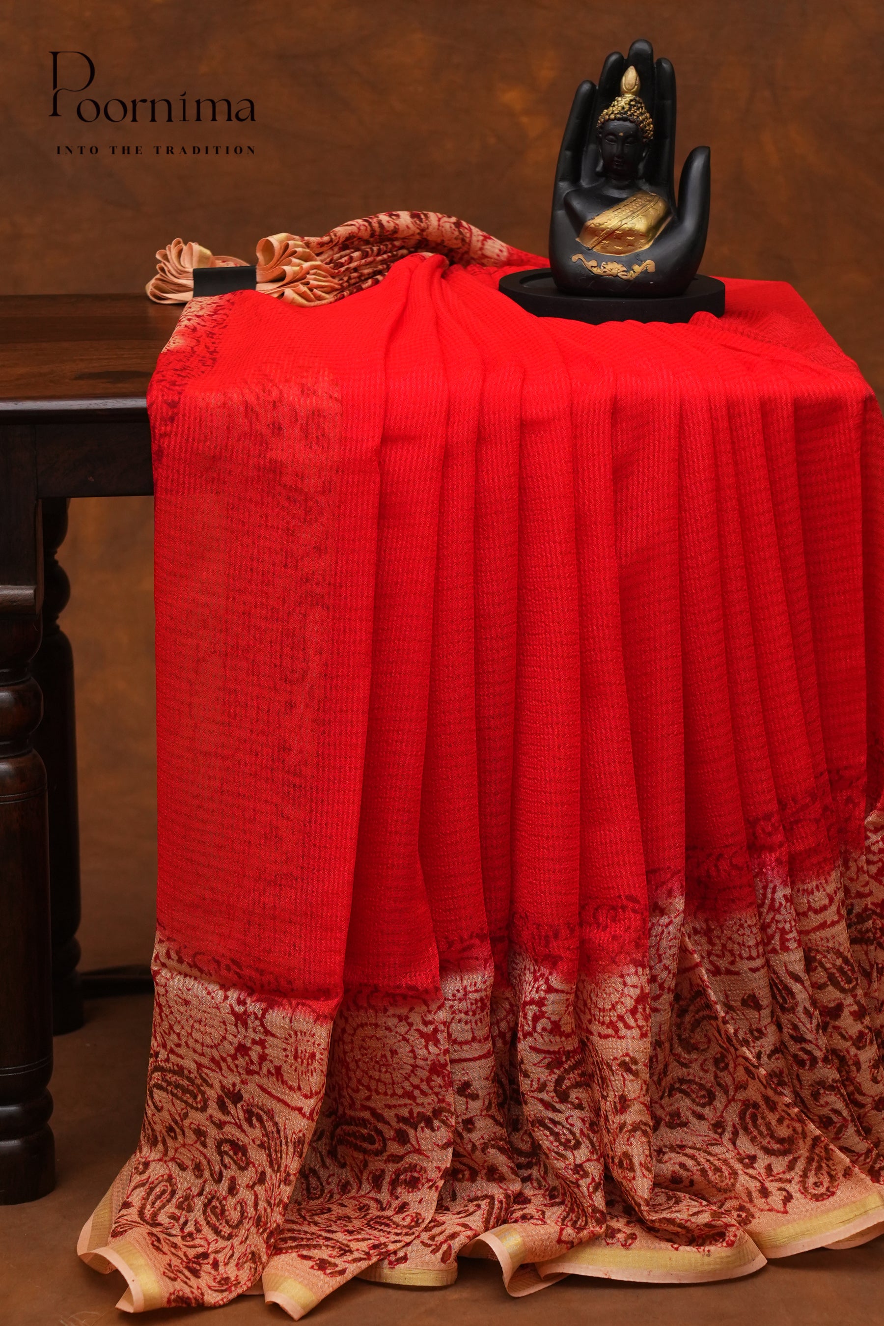 CHECKS GEORGETTE BLOCK PRINT SAREE-RED