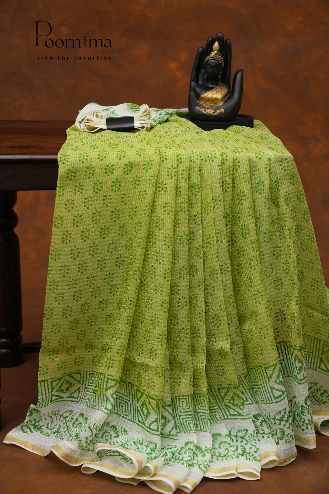 CHECKS GEORGETTE BLOCK PRINT SAREE-PARROT GREEN