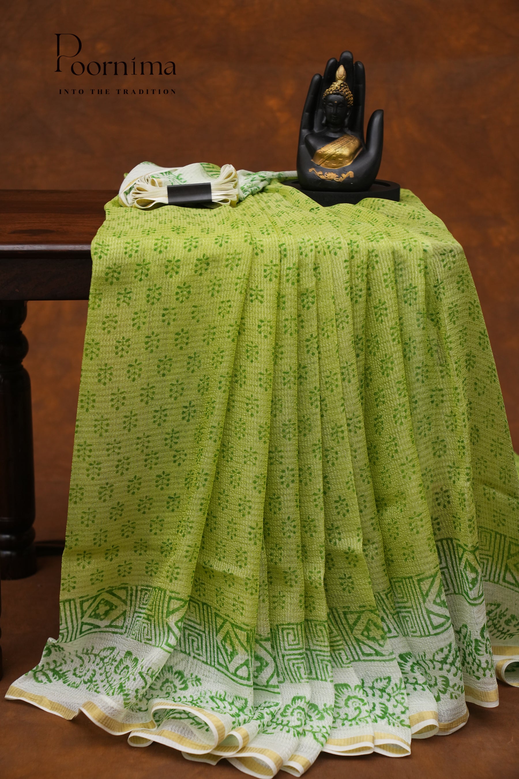 CHECKS GEORGETTE BLOCK PRINT SAREE-PARROT GREEN