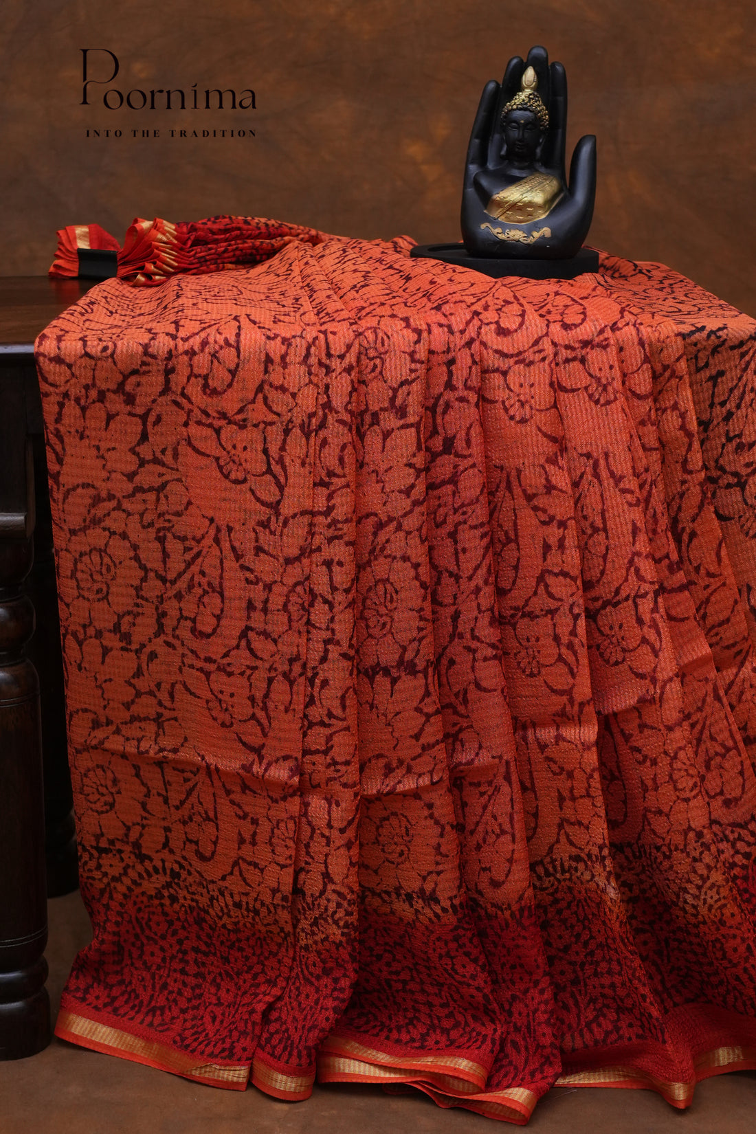 CHECKS GEORGETTE BLOCK PRINT SAREE- RUST