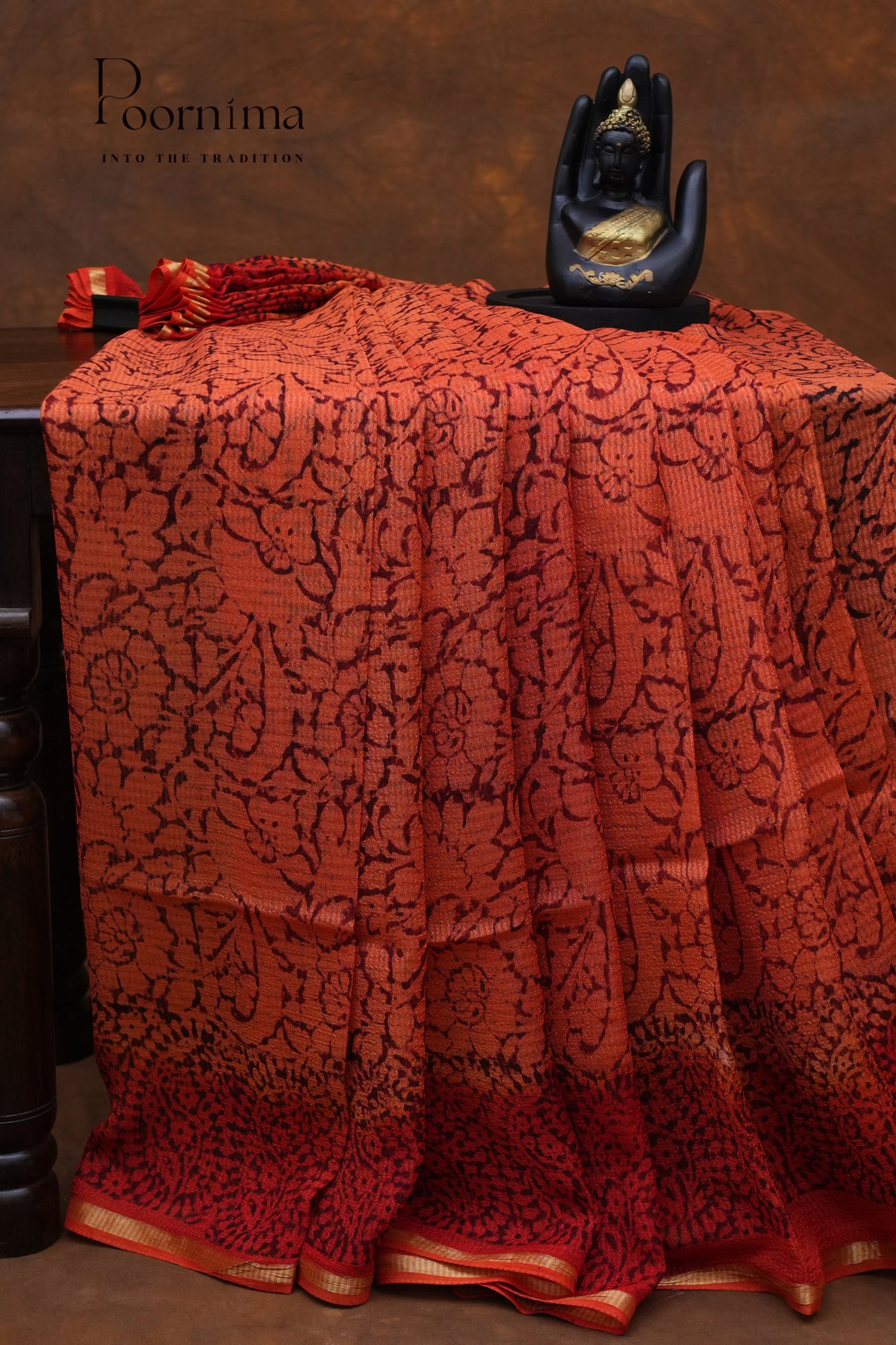 CHECKS GEORGETTE BLOCK PRINT SAREE- RUST