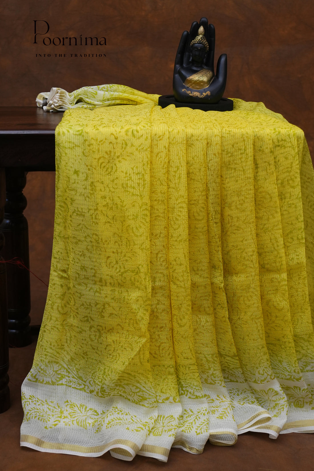CHECKS GEORGETTE BLOCK PRINT SAREE-LEMON YELLOW