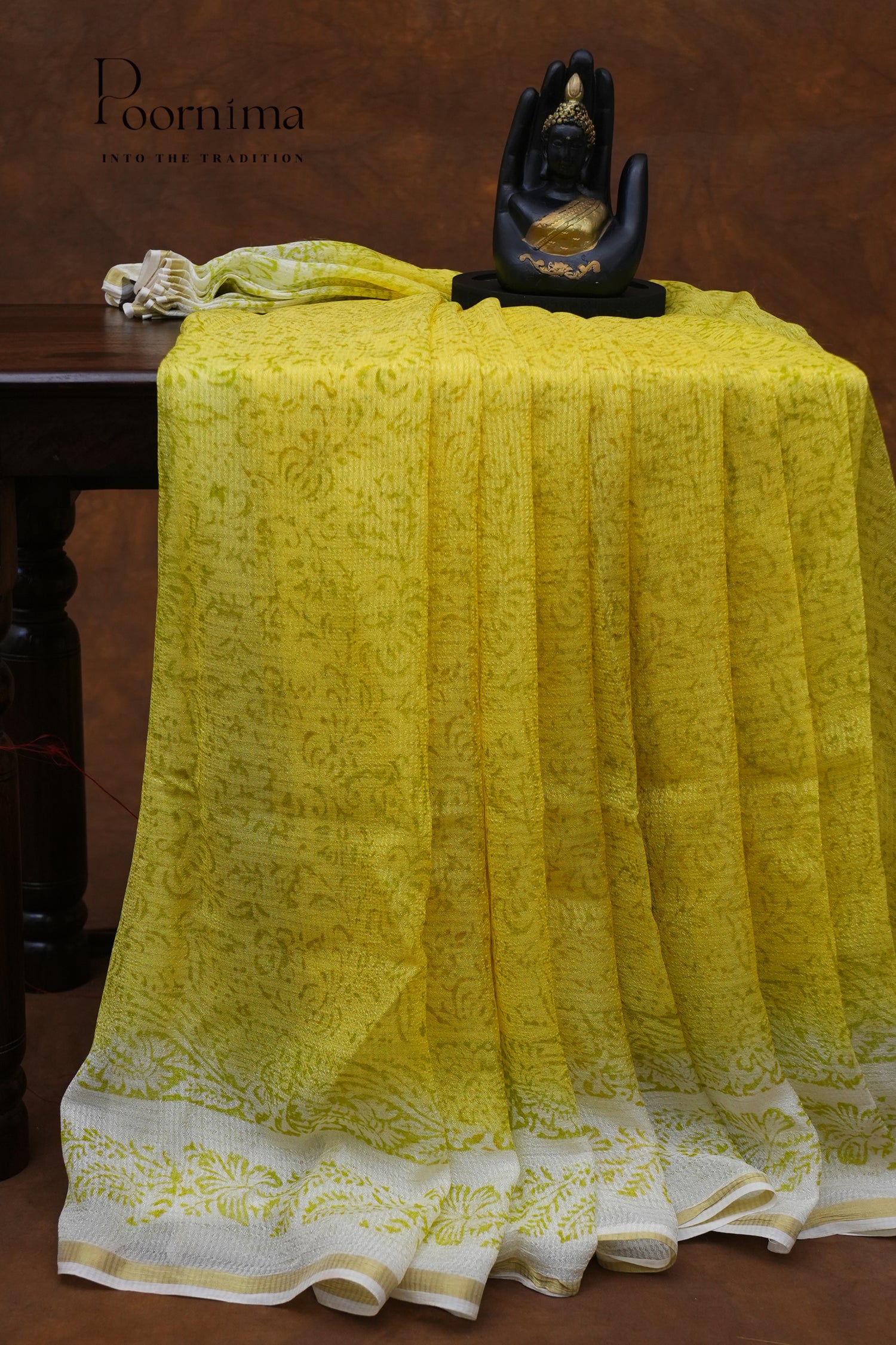 CHECKS GEORGETTE BLOCK PRINT SAREE-LEMON YELLOW