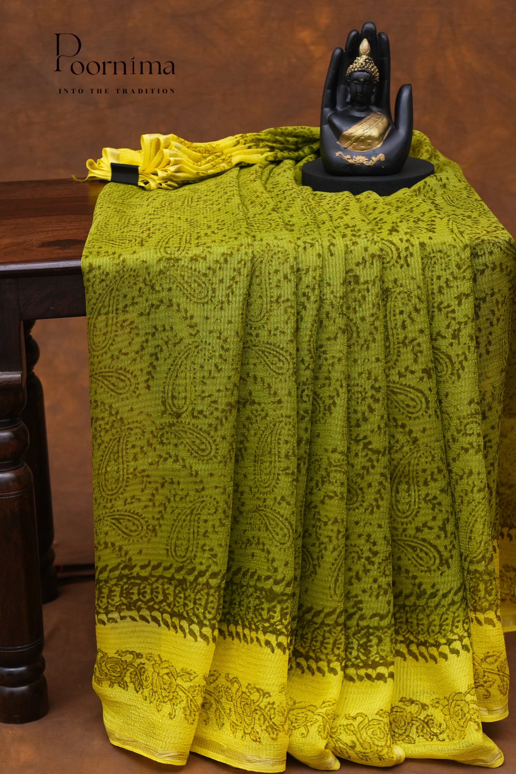 CHECKS GEORGETTE BLOCK PRINT SAREE-PISTA GREEN