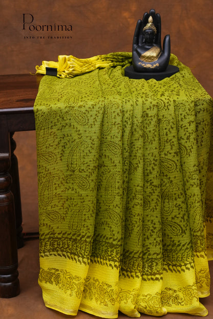 CHECKS GEORGETTE BLOCK PRINT SAREE-PISTA GREEN