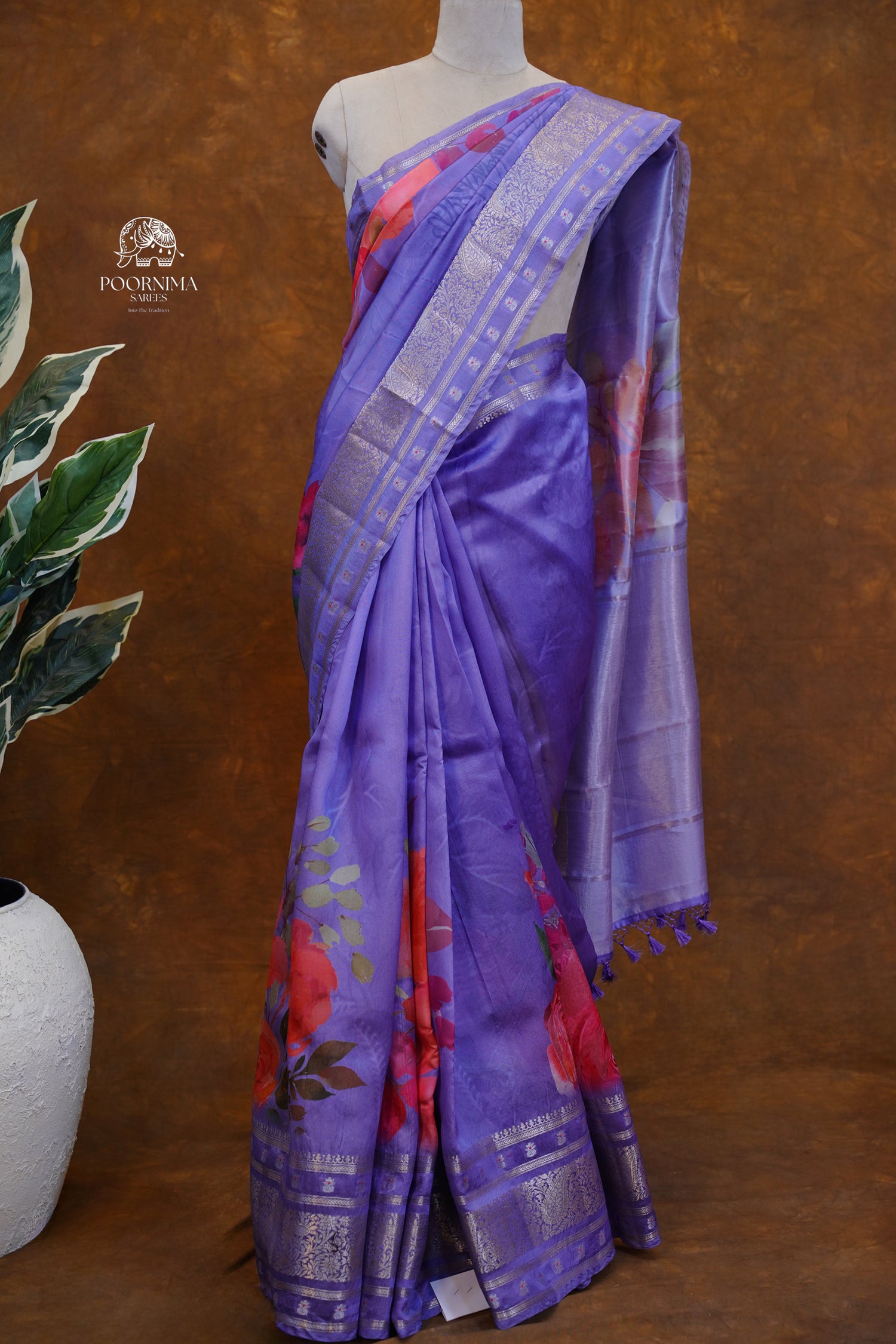 BANARASI SILK FUSION SAREE WITH DIGITAL PRINT-VIOLET