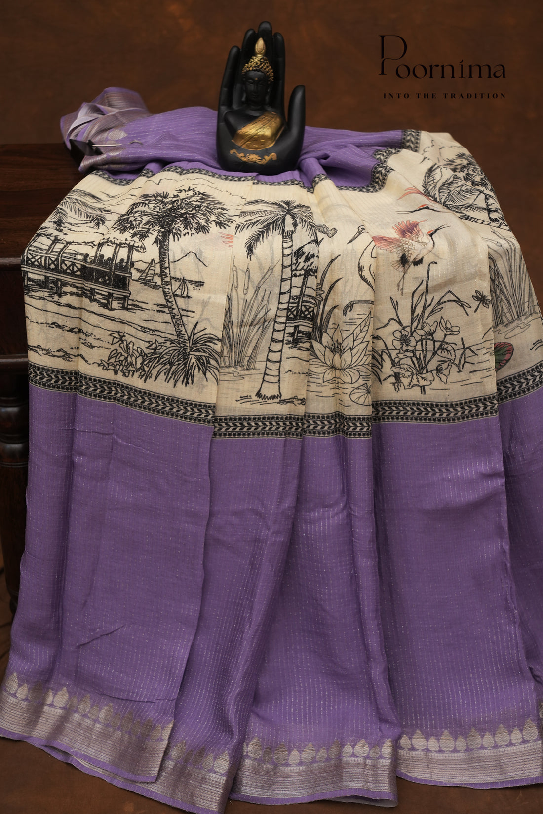 SEMI MYSORE SILK PRINTED SAREE-HALF WHITE