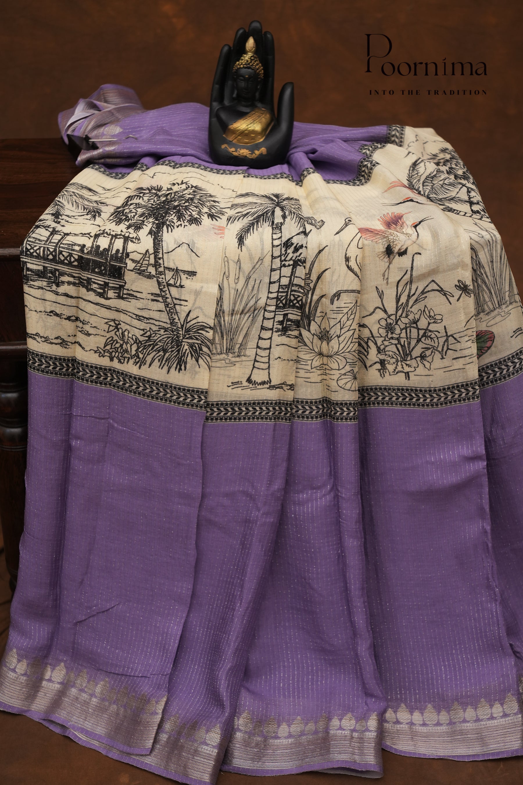 SEMI MYSORE SILK PRINTED SAREE-HALF WHITE