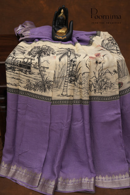 SEMI MYSORE SILK PRINTED SAREE-HALF WHITE