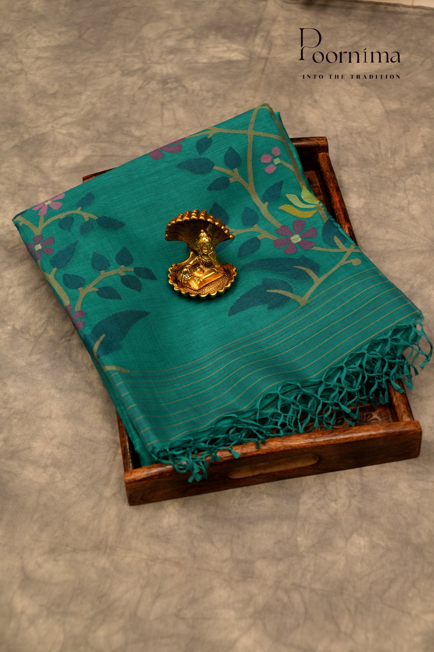JUTE JAMDANI SAREE- BLUE GREEN
