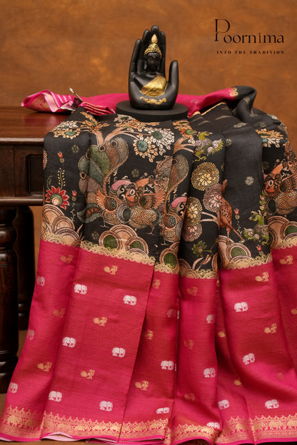 SEMI MYSORE SILK PRINTED SAREE-BLACK