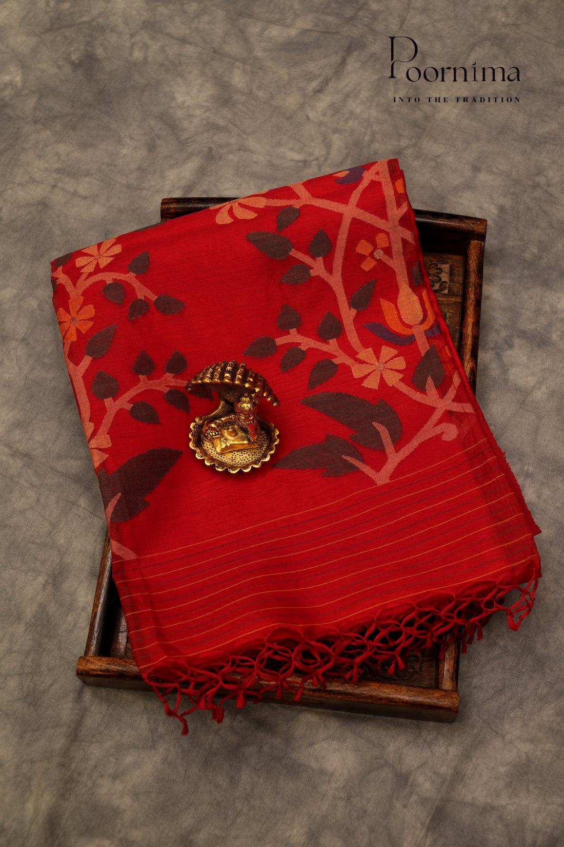 JUTE JAMDANI SAREE- CHERRY RED