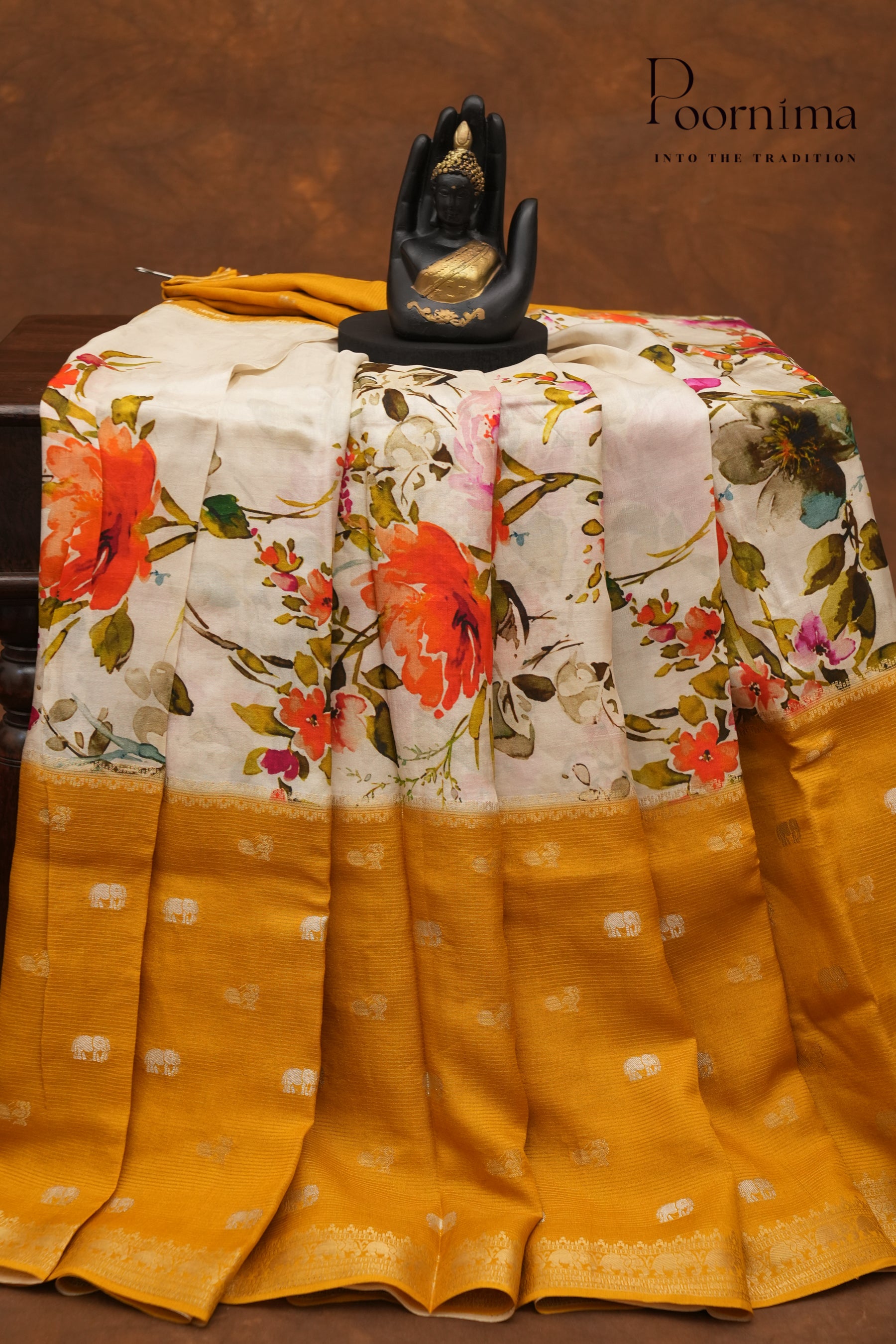 SEMI MYSORE SILK PRINTED SAREE-WHITE