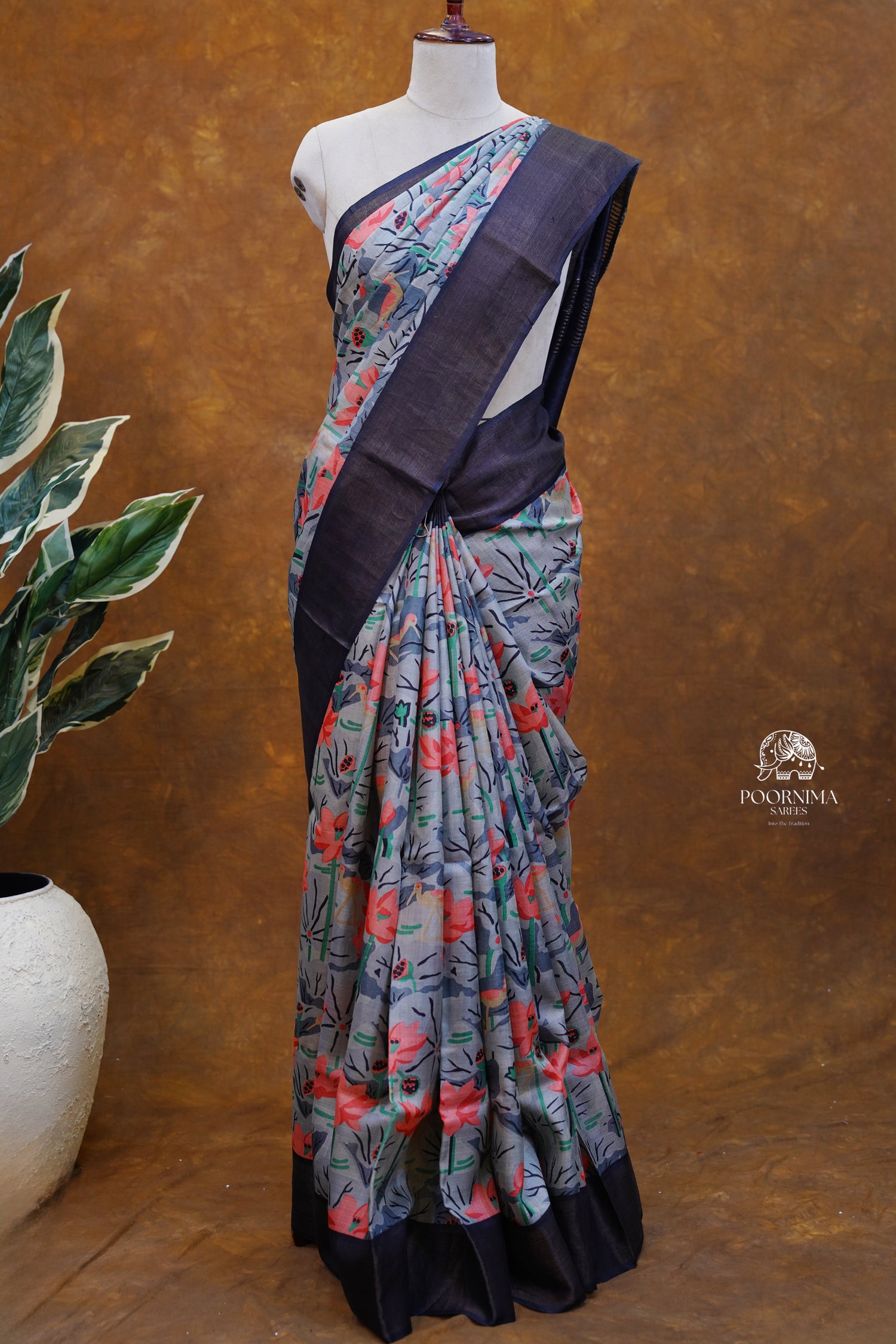 PURE TUSSAR SAREE - GREY