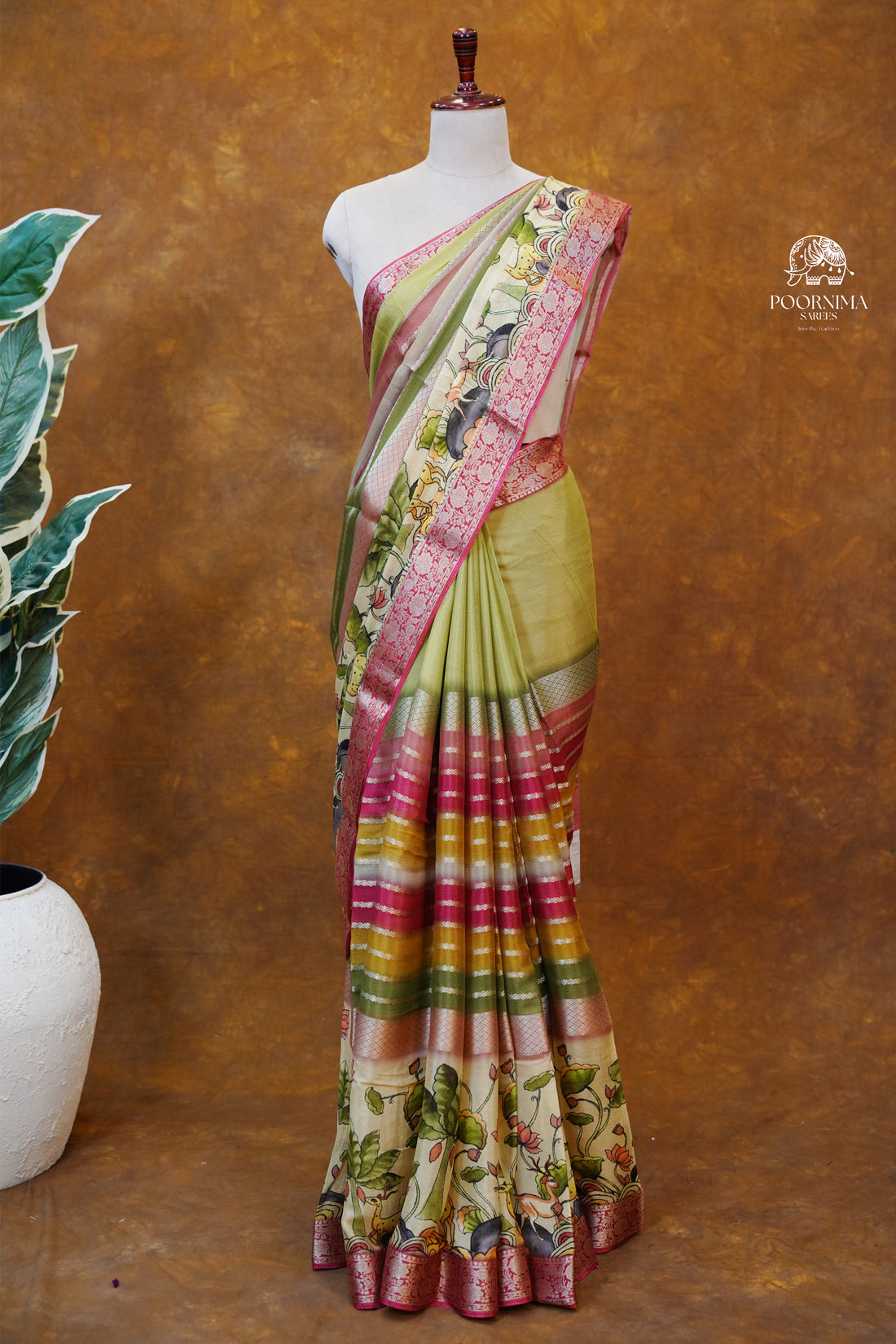 MYSORE CRAPE DIGITAL PRINTED SAREE - OLIVE GREEN